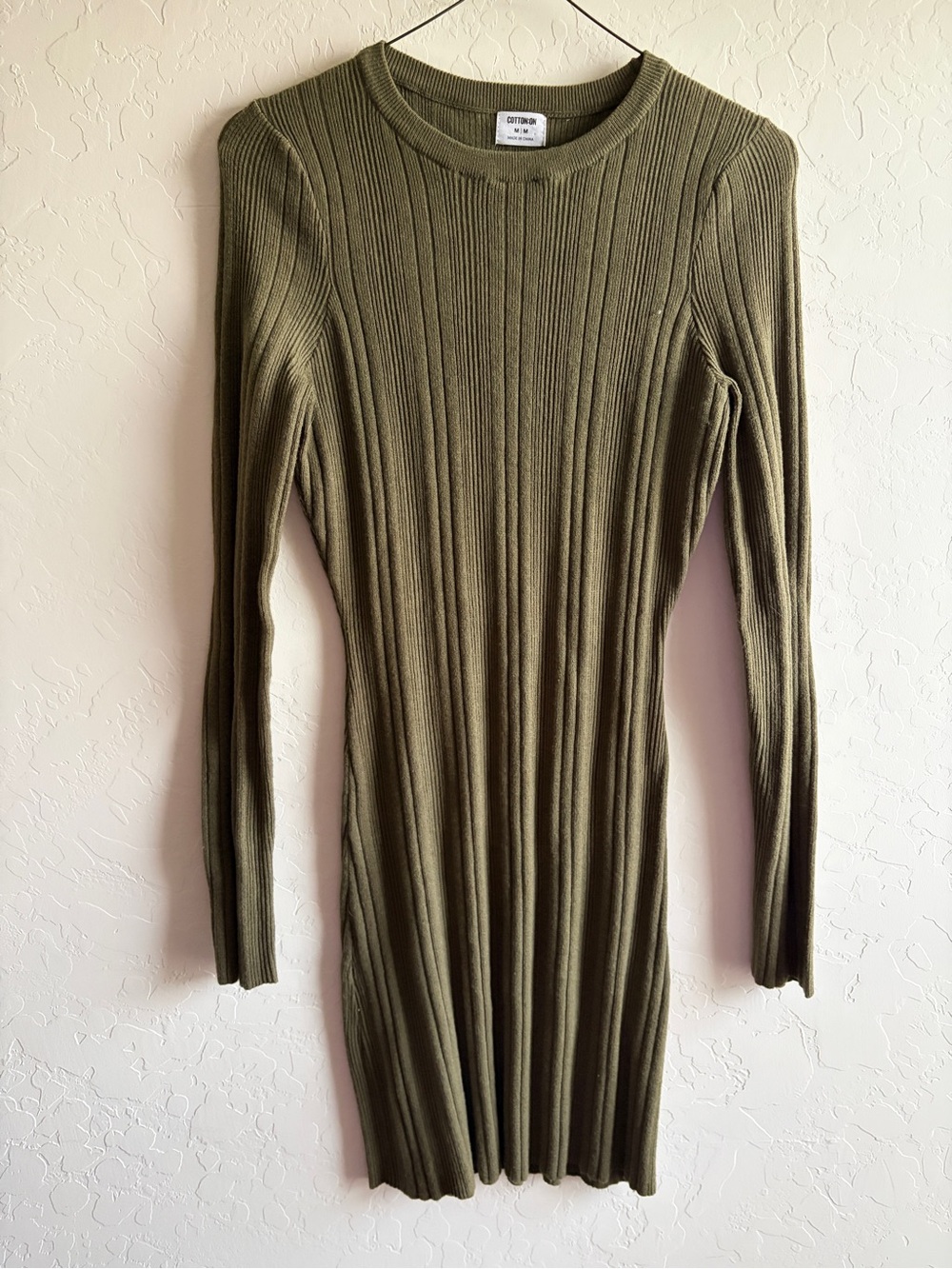 Cotton On Olive Ribbed Long Sleeve Bodycon Dress